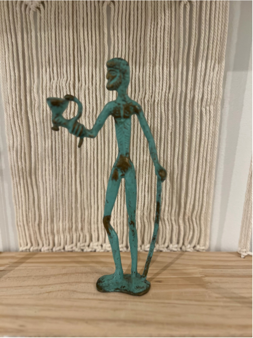 Vintage Turquoise Verdigris Cast Metal Bearded Man Sculpture Cup Staff